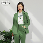 emoo杨门绿色西装外套，女休闲韩版春装，2024气质通勤风西服上衣
