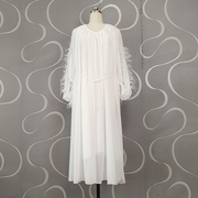 白色宽松礼服裙2023春女装复古纯色长袖圆领钉珠羽毛系带连衣裙女