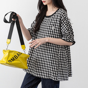 黑白格子t恤女2024夏季韩版圆领，短袖气质休闲宽松显瘦上衣