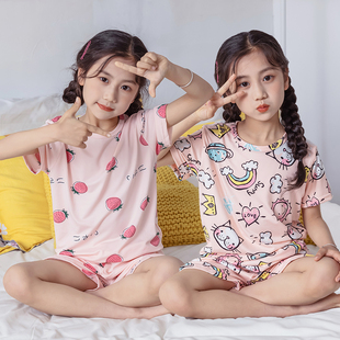 夏季儿童睡衣套装夏季薄款女童，短袖短裤空调，服男童冰丝家居服宝宝