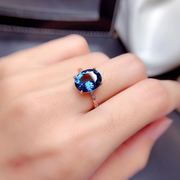 简单款蓝宝石戒指蓝色托帕石水晶宝石戒指925纯银活口镶不变色环