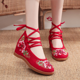 古风高跟汉鞋鞋老北京布鞋，女内增高系带，民族风布鞋红色婚鞋秀禾鞋