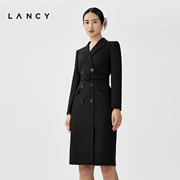 lancy朗姿2023秋冬季黑色，西装连衣裙收腰显瘦长袖，羊毛裙子女