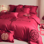 婚庆纯棉四件套毛巾，绣中式大红色床单高档喜被套结婚房嫁床上用品