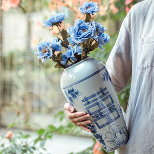 青花瓷花瓶景德镇陶瓷器花瓶插花喜字仿古中式家居客厅小装饰瓷瓶