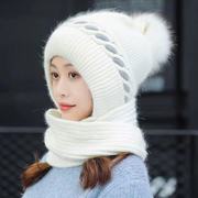 帽子围巾一体女秋冬围脖，两用连帽冷帽冬天加绒保暖毛线针织帽风雪