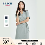 PRICH连衣裙气质优雅腰部抽褶设计V领职场商务短袖裙子