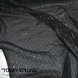 黑色细条纹真丝银线缎条绡连衣裙汉服旗袍桑蚕丝服装布料面料
