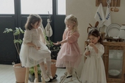 韩国童装flo女童宝宝，仙美蕾丝泡袖花苞，领网纱公主连衣裙洋装