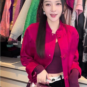 新中式国风玫红色外套，女2024春高级感小个子短款唐装盘扣上衣