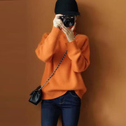 橘色高领毛衣女(毛衣女，)加厚套头打底衫，宽松大码慵懒风时尚羊毛小衫针织衫