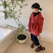 韩版儿童外套2021秋冬女童洋气大翻领双排，扣中长款长袖风衣潮
