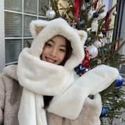 韩国冬天百搭毛绒可爱猫，耳朵帽子围巾，手套一体保暖防寒护耳三件套