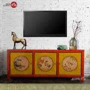中式实木家具手绘花鸟红色电视柜仿古典做旧简约客厅柜子