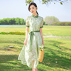 外贸2024年女装绿色印花淑女衬衫，连衣裙女夏季优雅气质长裙子