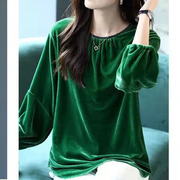 翡翠绿篇幅衫宽松时尚，天鹅绒套头衫女春秋蝙蝠衫上衣深绿色打底衫