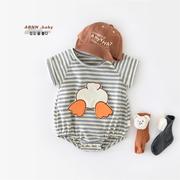 婴儿哈衣夏季短袖卡通连体，小鸭子贴布薄款新生儿宝宝洋气条纹爬服
