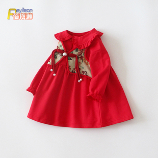 中国风女童宝宝连衣裙子红色婴儿，新年衣服装纯棉幼儿春装1岁2春季