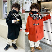 男童秋冬季加厚外套毛呢子(毛，呢子)大衣，韩版中长款牛角扣童装红色冬装2022