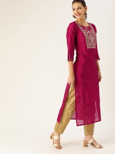 印度服饰女上衣生丝刺绣民族风中长款七分袖玫红色