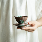 纯手绘黄菊花瓣套杯茶杯杯垫组单杯主人杯创意茶杯陶瓷茶盏