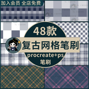 欧式清新复古网格网点纹理服装，布料格子印花procreateps笔刷素材