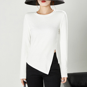 秋冬季韩版修身下摆不规则开叉长袖T恤女纯棉白色坑条螺纹打底衫