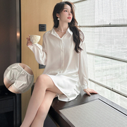 夏季韩版性感长袖衬衫女冰雪丝薄款居家休闲中长款连衣裙短裤套装
