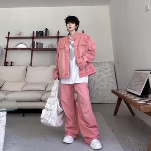 韩国ins网红多巴胺粉色，立领牛仔夹克套装，男设计感炸街时尚阔腿裤