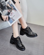 yemadu伊美度秋季女鞋系带单鞋，黑色皮鞋英伦风，漆皮时尚乐福鞋