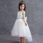 白色儿童婚纱礼服公主，裙春款童装2024复古欧美无袖高腰蓬蓬连衣裙