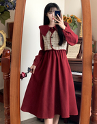 大码女装红色连衣裙200斤胖mm洋气马甲法式复古学院风裙子两件套