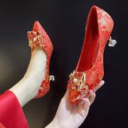 春季中式婚鞋女红色高跟鞋，粗跟龙凤绣花新娘，鞋高跟旗袍秀禾鞋红鞋