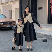 法式母女装春装马甲连衣裙，2023韩版亲子装复古宽松裙子套装潮