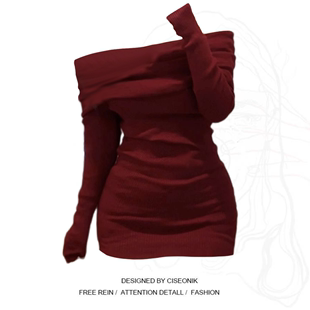 大码胖mm红色战袍一字，肩针织打底连衣裙女秋冬季性感修身包臀短裙
