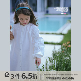 史豌豆女童抽绳设计日系圆领长款衬衫裙2023秋季儿童连衣裙