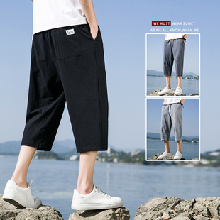 棉麻七分裤男士夏季薄款外穿亚麻过膝沙滩裤7分短裤运动休闲中裤