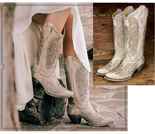 corral翅膀刺绣美国牛仔靴牛皮白色，婚礼靴尖头复古西部靴真皮女靴