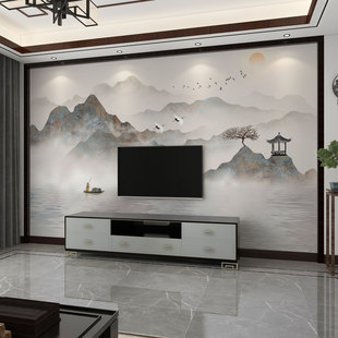 墙纸新中式3d立体水墨山水画电视，背景墙壁纸客厅壁布影视墙布壁画