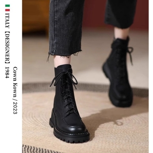 意大利设计师Cown Kown时尚坡跟厚底春秋英伦风短靴女5cm