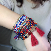 波西米亚编织手环彩色多层串珠手链女云南民族风手工流苏米珠饰品