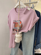 粉色印花露肩纯棉短袖t恤女夏季夏(夏季夏，)设计感小众小个子美式镂空上衣