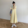 夏季chic鹅黄色连衣裙淡黄色仙女，长裙过膝坠感短袖，奶油黄雪纺(黄雪纺)裙子
