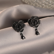 黑色玫瑰镶钻耳钉女时尚气质高级感耳坠S925银针轻奢百搭耳饰