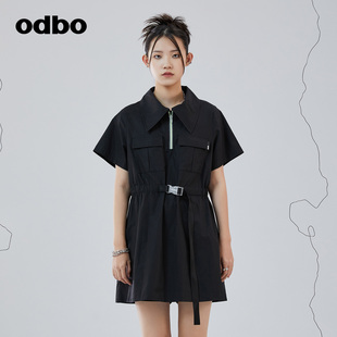odbopolo领黑色短袖衬衫，连衣裙女秋季2022年收腰显瘦a字裙子