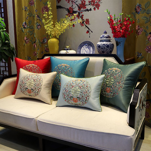 中式古典红木刺绣花真皮红木实木沙发大靠包含芯床头靠垫背套抱枕