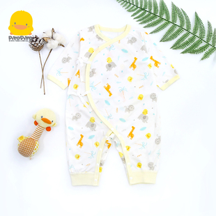 黄色小鸭婴儿连体衣，新生儿纯棉内衣0-3-6个月，宝宝斜襟系带哈衣秋