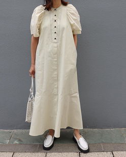 日本设计师款复古宫廷风泡泡短袖拼接立领连衣裙明线装饰A字长裙