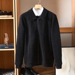 黑色雪尼尔翻领加绒厚夹克，秋冬商务休闲纯色保暖修身长袖外套