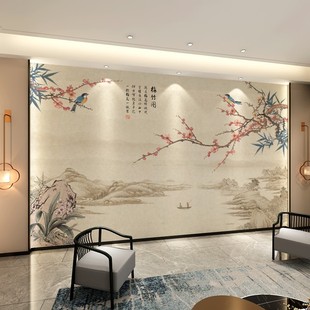 中式电视背景墙壁纸客厅沙发，装饰中国风梅花影视，墙壁画3d自粘墙布